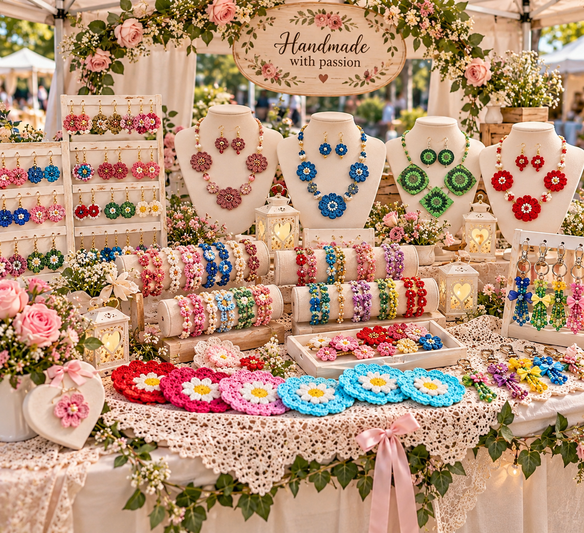 Colorful handmade crochet jewelry and accessories displayed with flowers