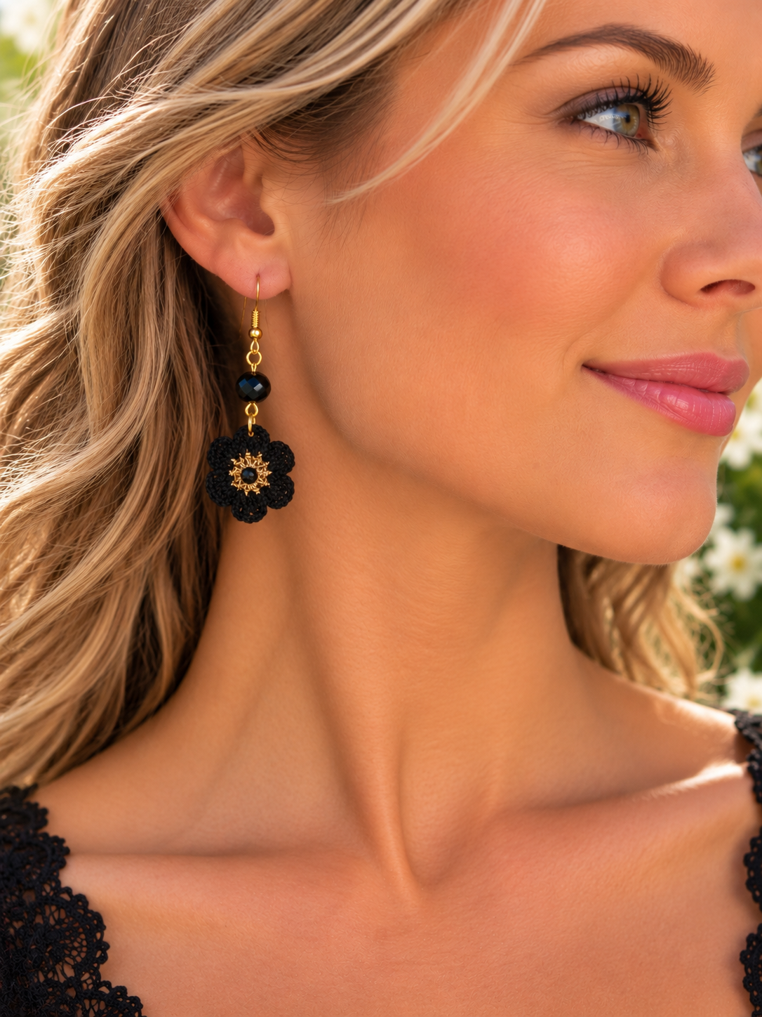 Handmade Micro Crochet Black Floral Earrings