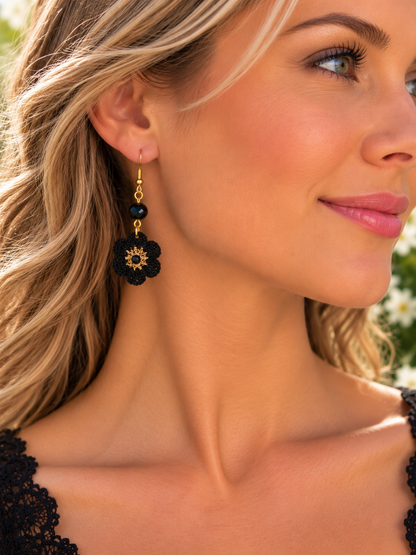 Handmade Micro Crochet Black Floral Earrings