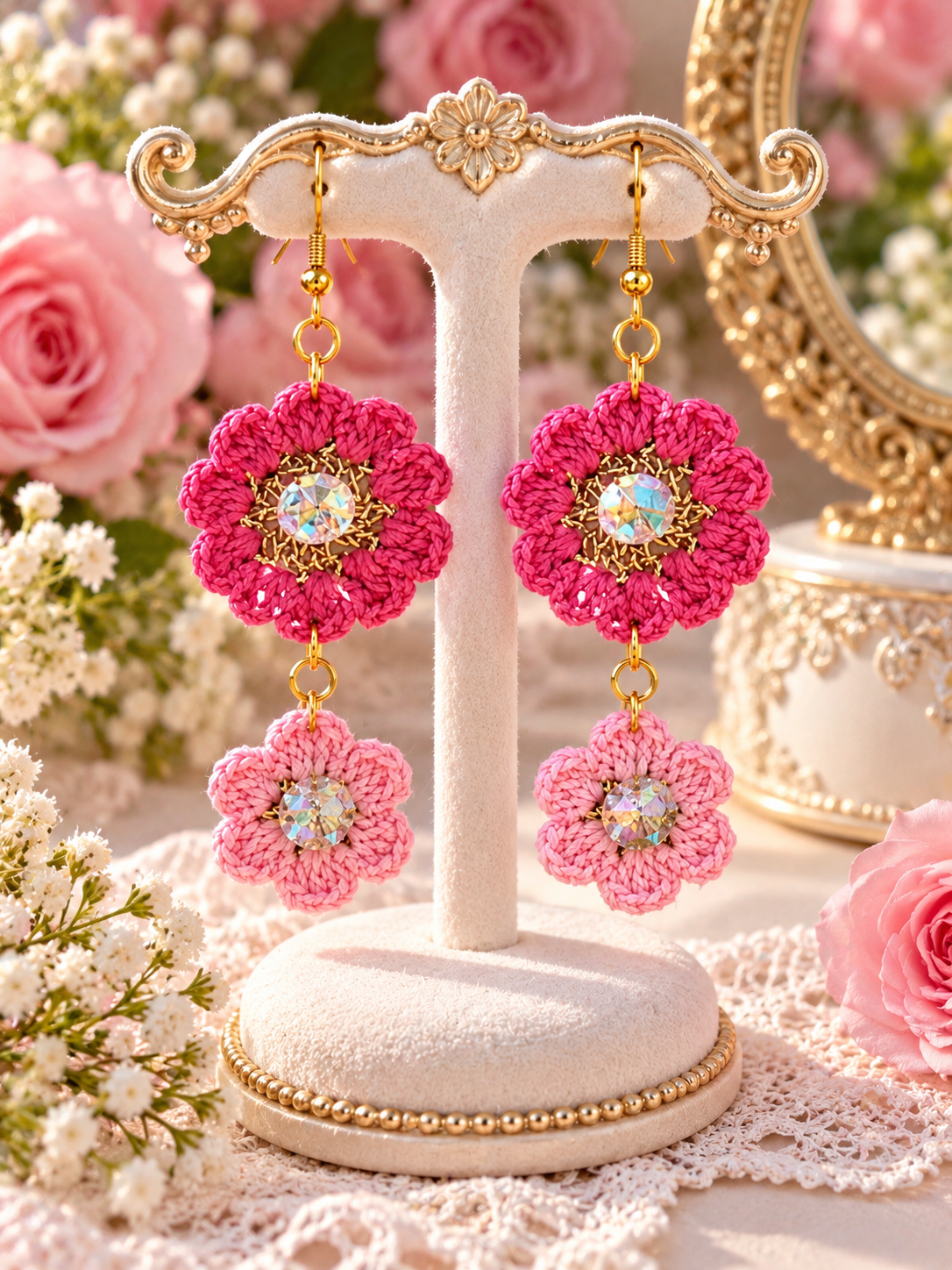 Handmade Micro Crochet Pink Floral Earrings