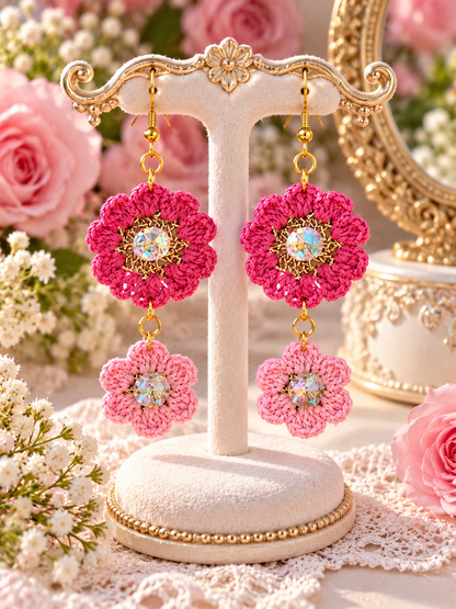 Handmade Micro Crochet Pink Floral Earrings