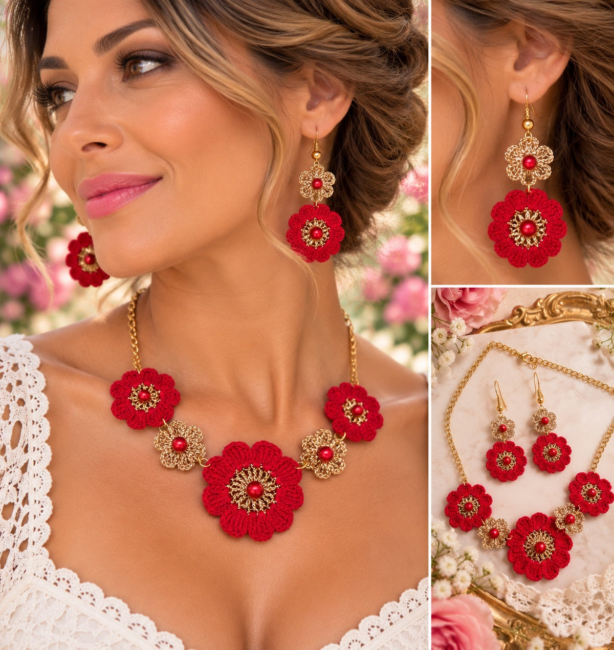 Ruby Red & Gold Micro Crochet Jewelry Set