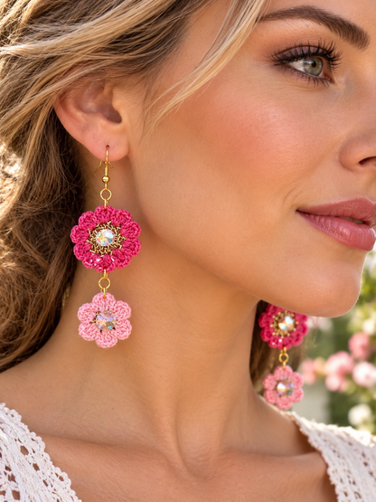 Handmade Micro Crochet Pink Floral Earrings