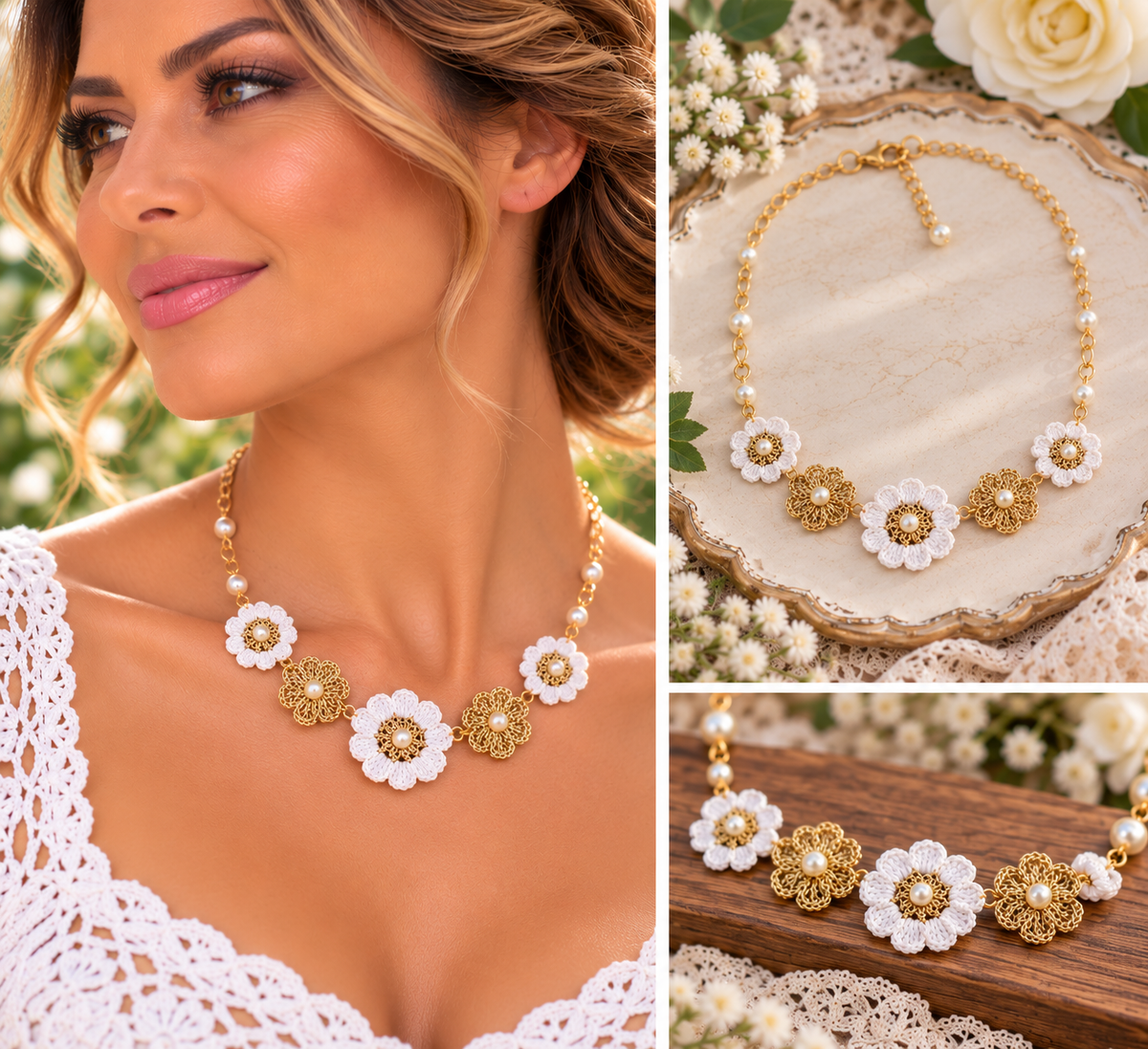 Golden Pearl Blossom Handmade Micro Crochet Necklace