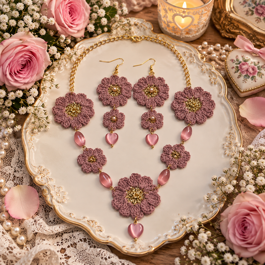 Handmade Micro Crochet Pink Floral Jewelry set