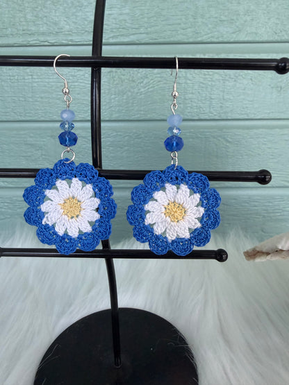 Handmade Micro Crochet Blue Daisy Earrings