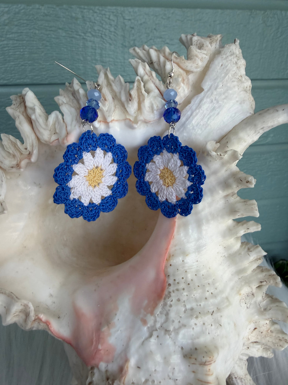 Handmade Micro Crochet Blue Daisy Earrings