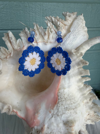 Handmade Micro Crochet Blue Daisy Earrings
