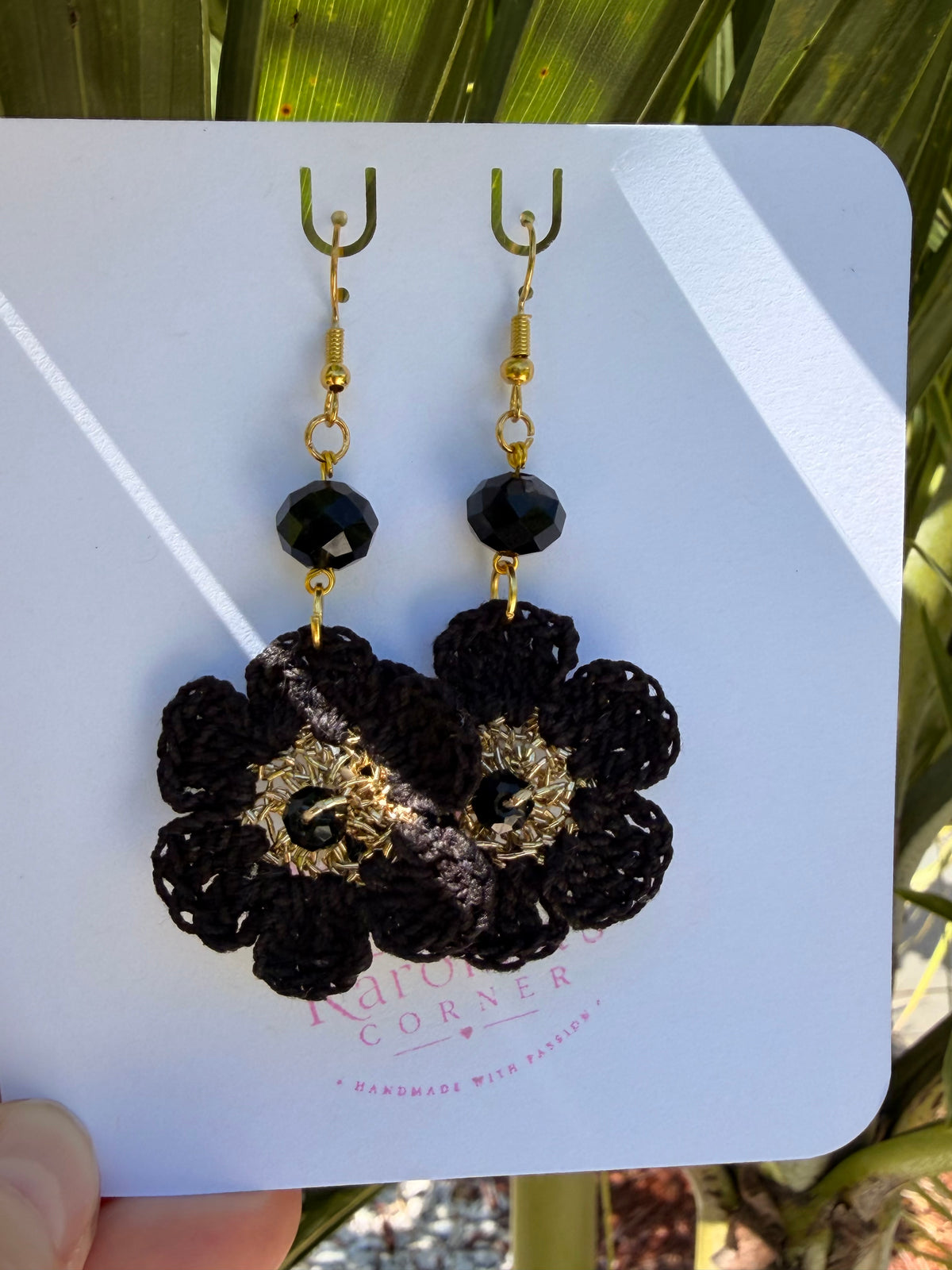 Handmade Micro Crochet Black Floral Earrings