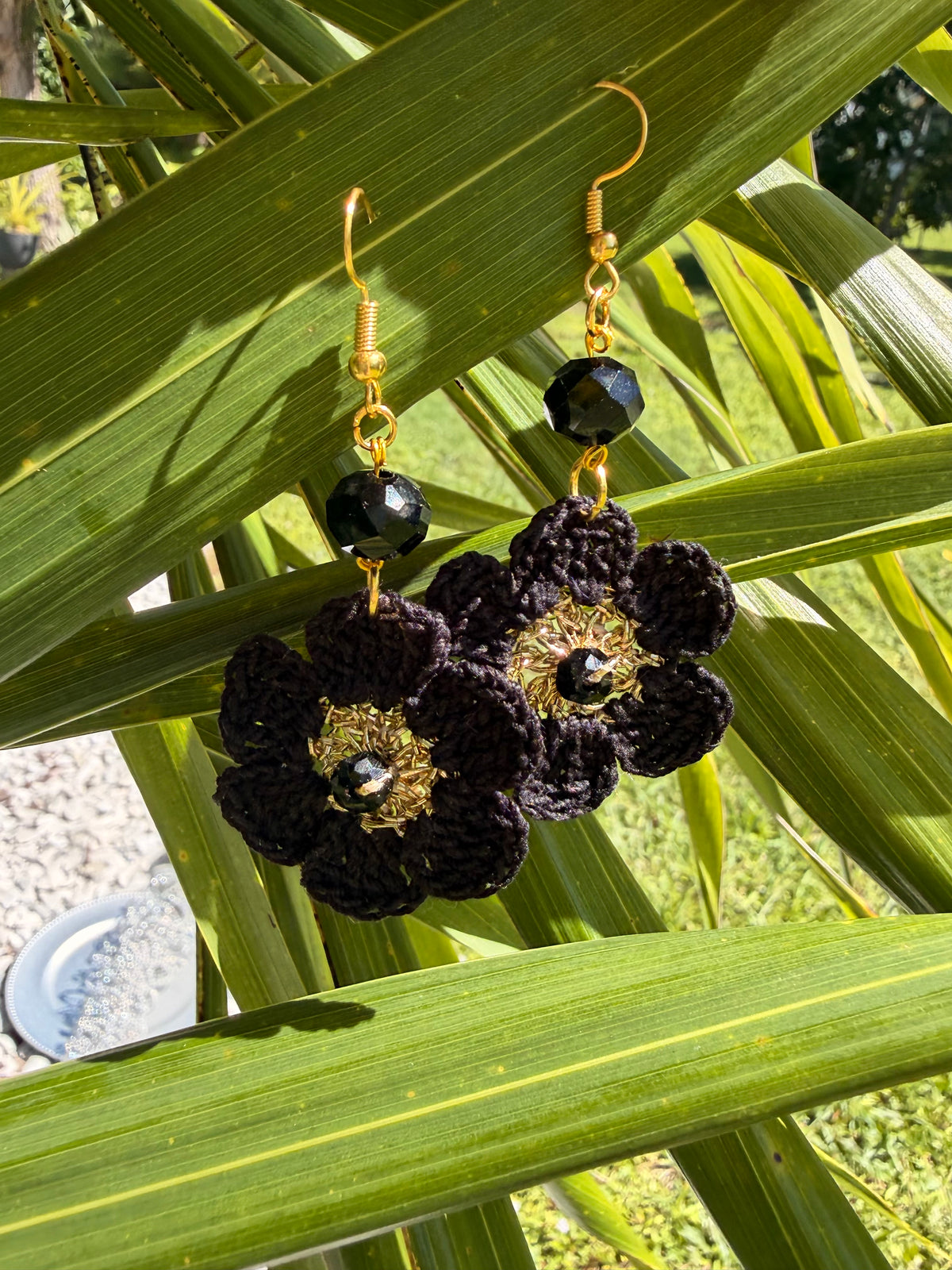 Handmade Micro Crochet Black Floral Earrings