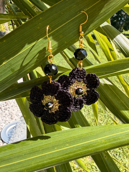 Handmade Micro Crochet Black Floral Earrings
