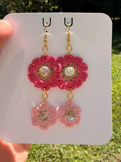 Handmade Micro Crochet Pink Floral Earrings
