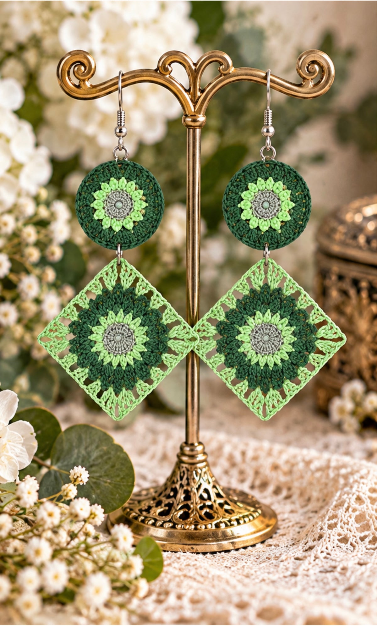 Handmade Micro Crochet Green Mandala Earrings