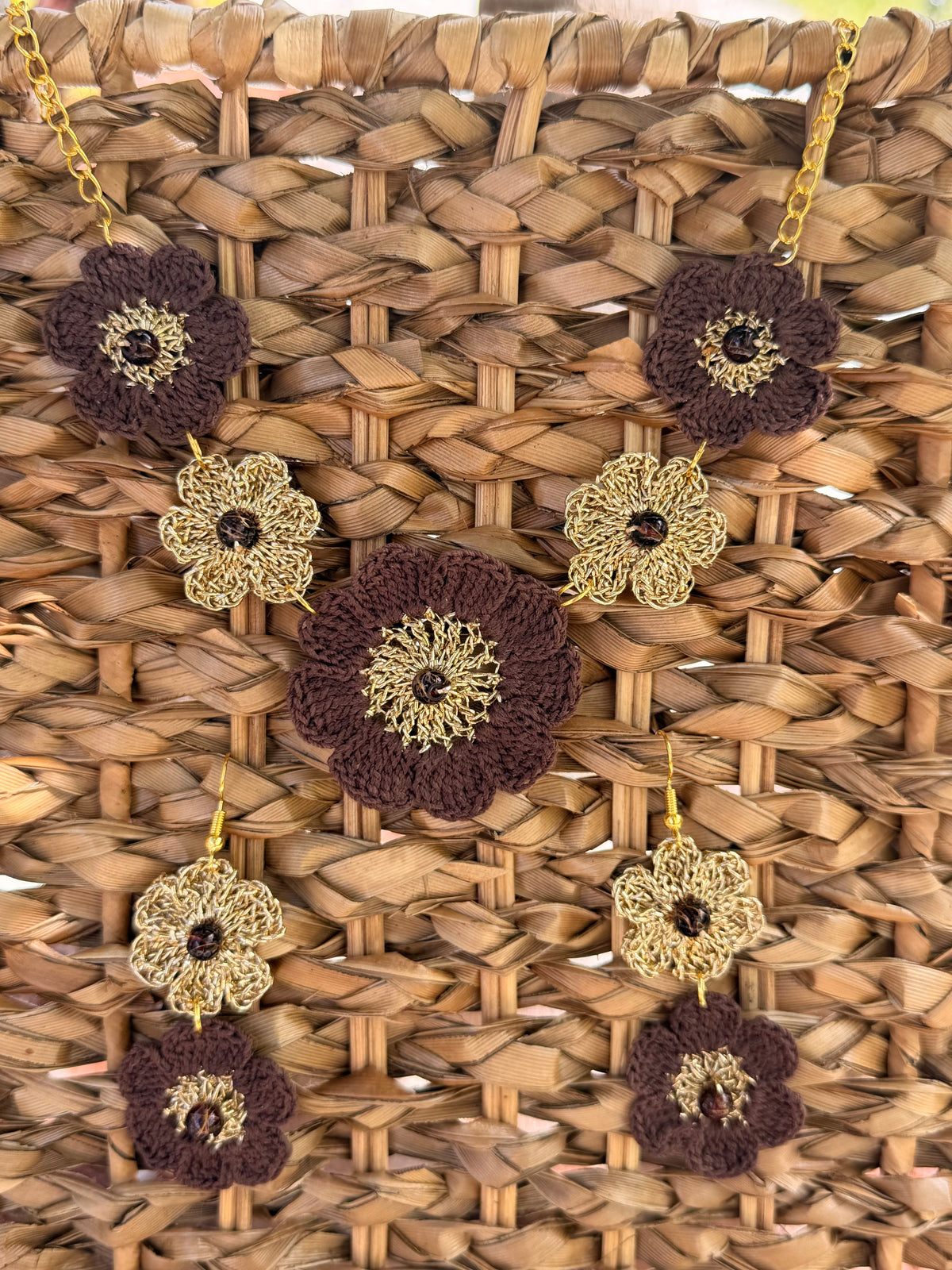 Chocolate Brown & Gold Micro Crochet Jewelry Set