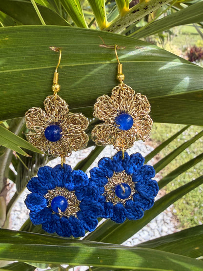 Royal Blue & Gold Micro Crochet Flower Earrings