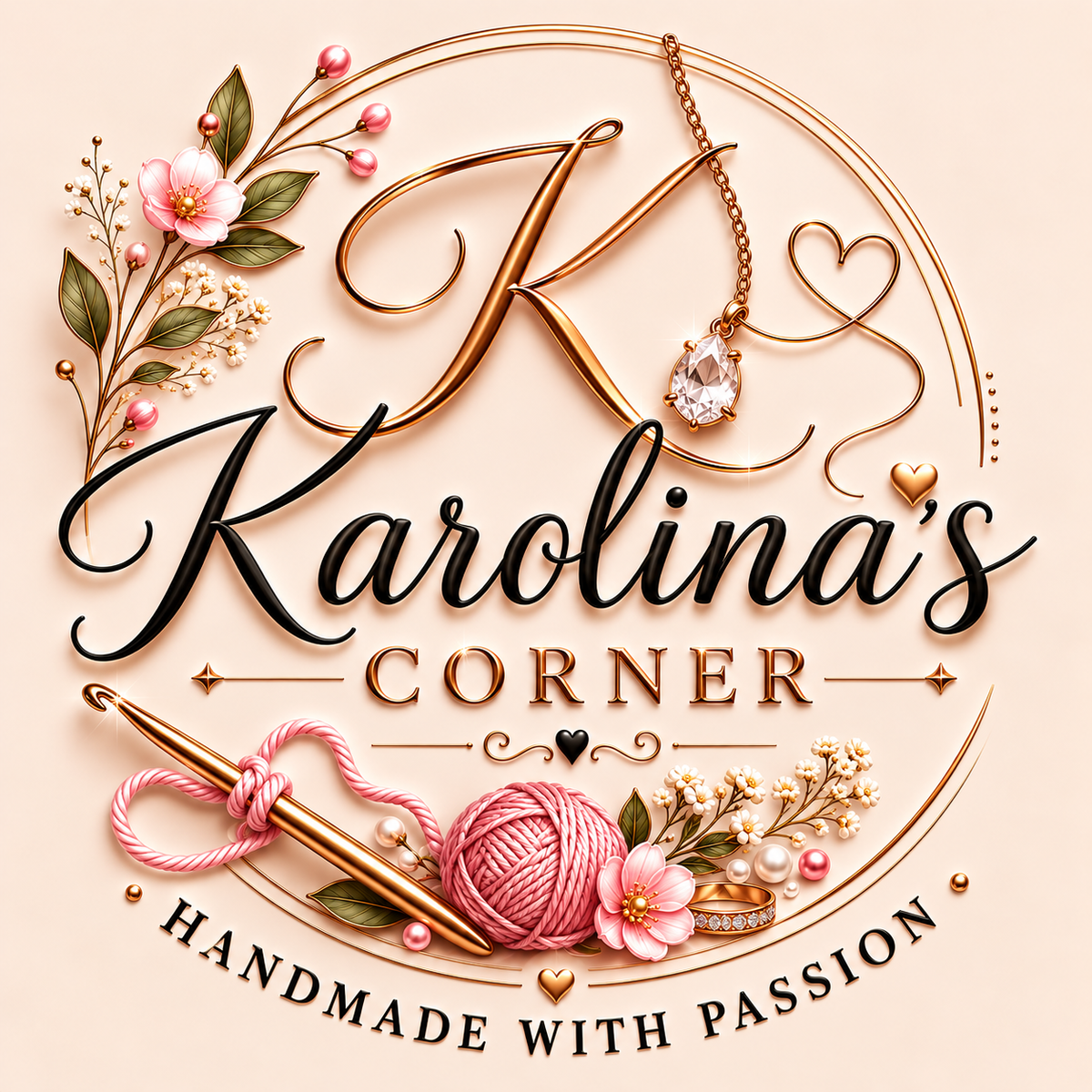 Karolina’s Corner floral logo with pink flowers, a crochet hook, and a ball of yarn